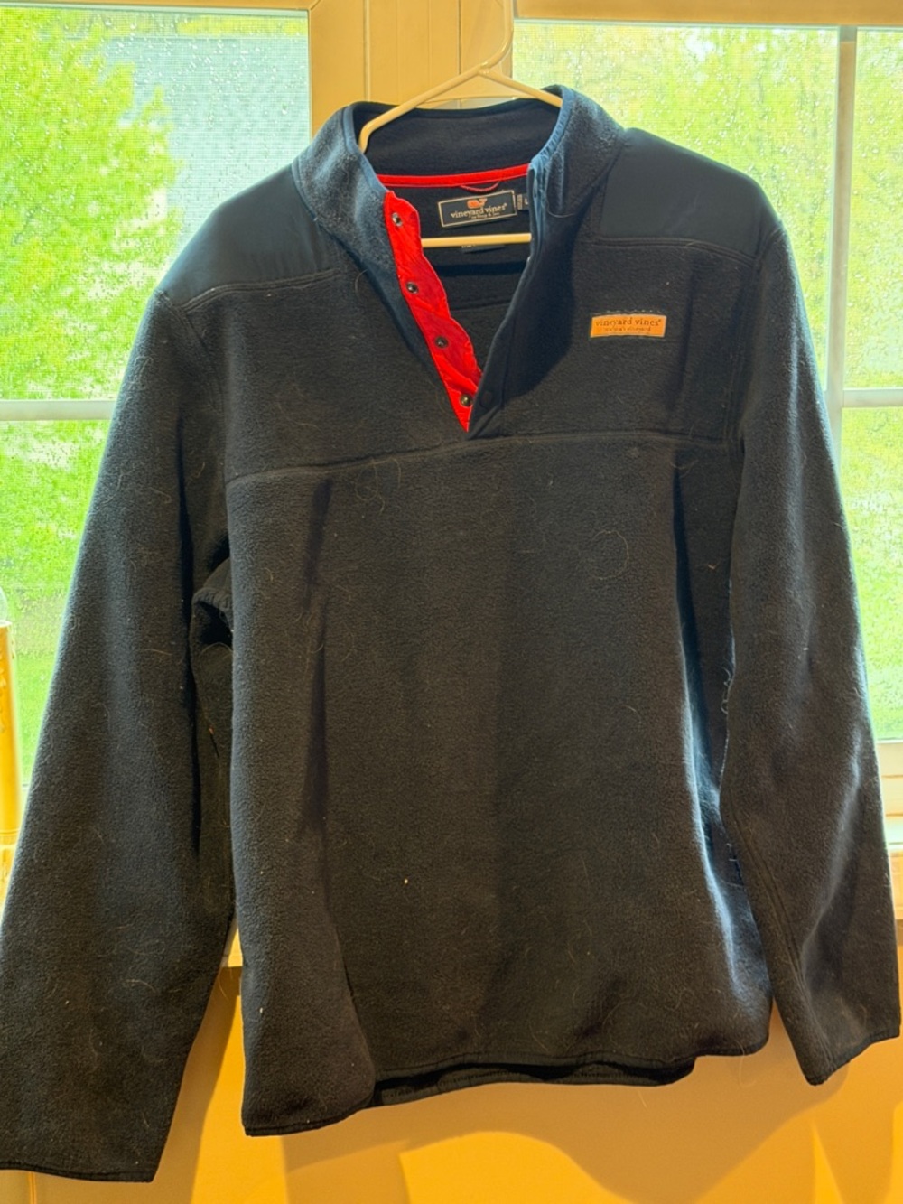 Vineyard Vines Black Fleece Pullover with Red Snap Placket